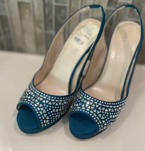 Caparros Peacock Blue Sparkle Sling Back Evening Shoes Size 9 NIB