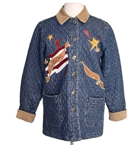 Haik’s Vintage Denim Barncoat Quilted Jacket Coat Embroidered Patches S Small Blue