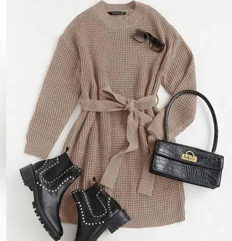 NWT Cozy Waffle Knit Crewneck Sweater Dress with Belt Tan Size Small