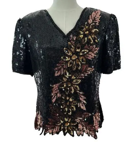 Vintage Stenay Sequenced Silk Black rose gold short sleeved formal top size XL