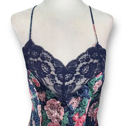 Vintage 90s Slip Dress Blue Baby Pink Spaghetti Strap Dark Floral Open Back Lace Size M