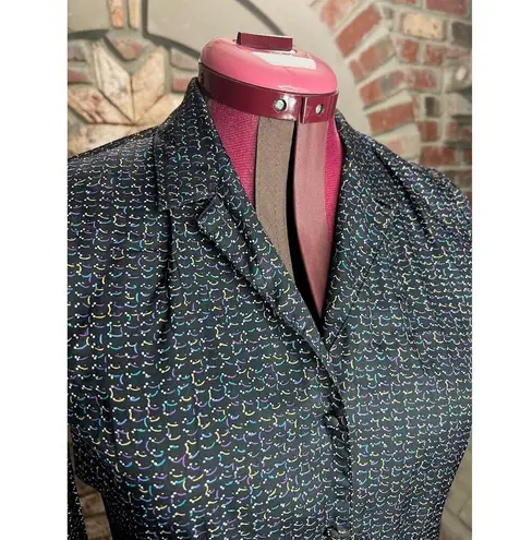 Button Down blouse abstract pattern black blue purple yellow kitten bow Size M