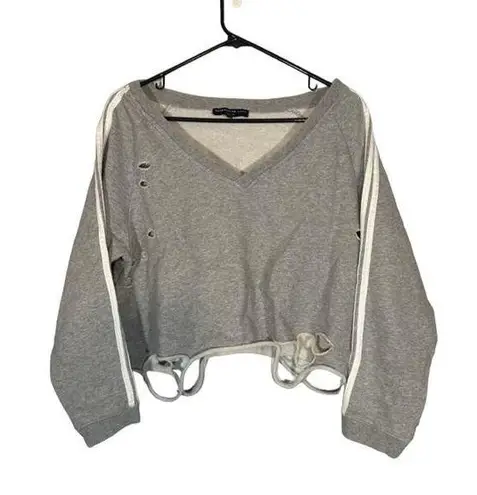 Generation Love Gray Long Sleeve Distressed V-Neck Crop Sweatshirt Women Sz XS