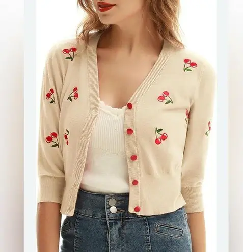 Cream and Red Cherry Print Cropped Cardigan Size undefined