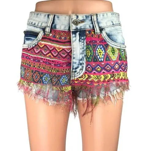 Twelve by Ontwelfth Multicolor Tribal Aztec Western Cut Off Denim Jean Shorts 28 Blue