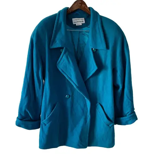 Vintage 100% Wool Vibrant Teal Blue Double Breasted Pea Coat Plus Size 16