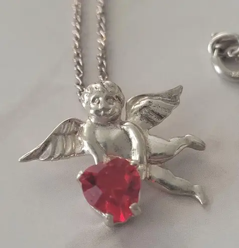 Vintage Sterling Silver Red Gemstone Birthstone Dainty Angel Necklace