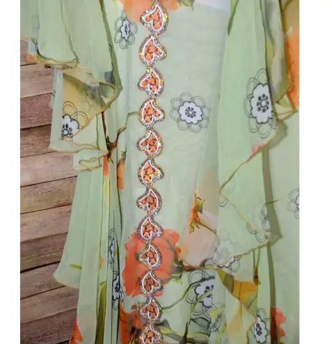 Sequin Hearts Middle East Arabian Green Floral Maxi Evening Dress Gown XL 1X Sequin Ruffles