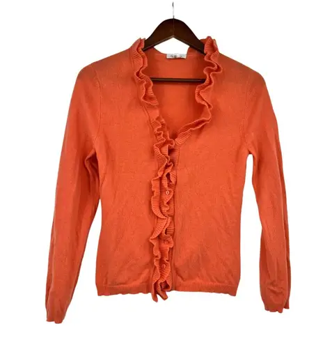 Garnet Hill 100% Cashmere orange Ruffle button Cardigan Sweater XS Extra Small