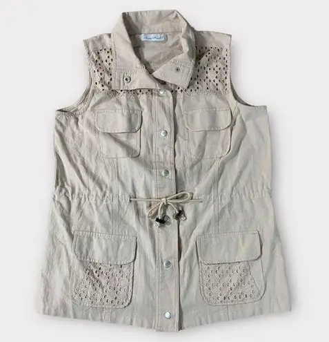 Women’s Keren Hart Linen Blend Eyelet Embellished Khaki Blouse Size Medium #164 Tan