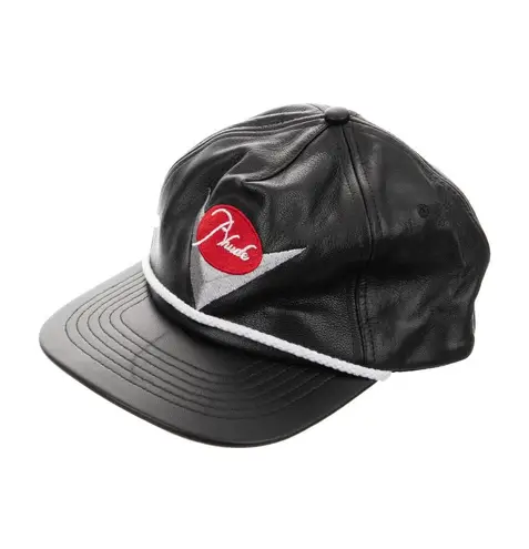 Rhude PS21 Classic Hat Black Leather baseball cap with multicolor embroidered racing logo on front