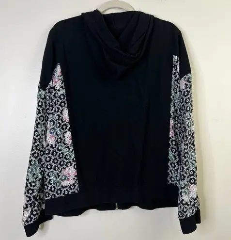 Entro  Floral Embroidered Crochet Zip Up Hoodie Hooded Sweatshirt 100% Cotton