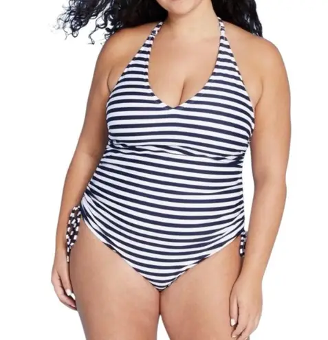 Kona Sol Women's Swim Side-Cinch High Coverage One Piece Swimsuit Navy White XL