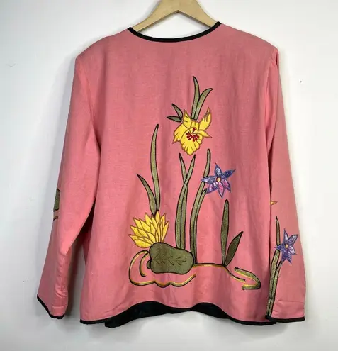 Allure Vintage 90s Y2K Floral Embroidered Applique Cotton Flax Jacket womens XL