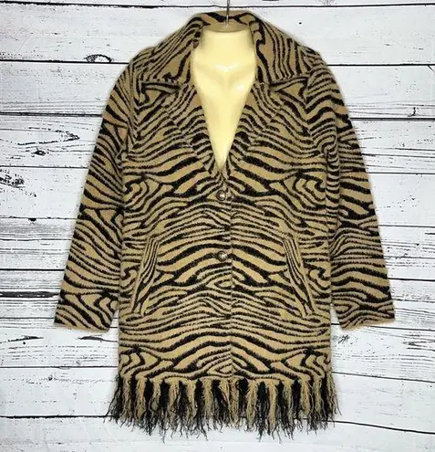 NVLT NWT M Tiger Rust Animal Print Notch Collar Fringe Trim Fuzzy Jacket Blazer Tan Size M