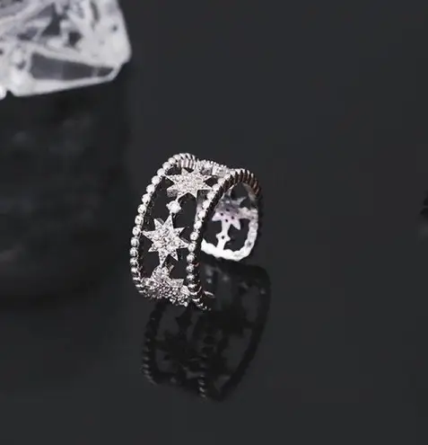 925 Silver Plated Six Pointed Star Open Ring for Women,Statement Ring,Star Ring