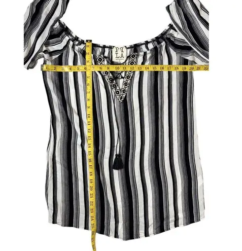 PPLA Blouse Womens Large Black Striped Summer Tunic Boho Peasant White Black