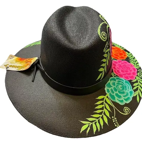 HAT MEXICAN Artisanal Hand Painted Fedora Floral Sombrero Panama Bohemian Black
