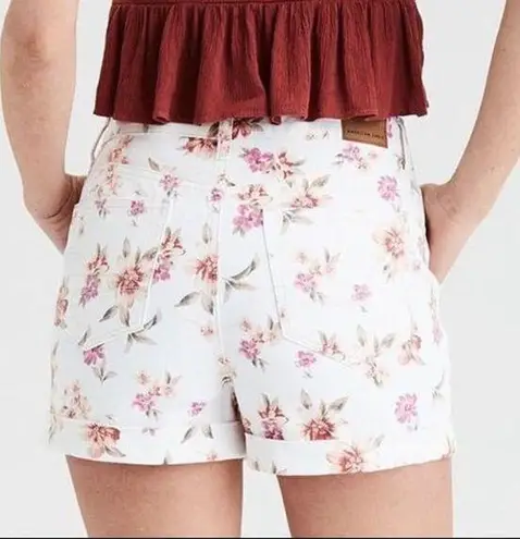 American Eagle ✨  Women White Pink Floral Denim High Rise Mom Shorts 4