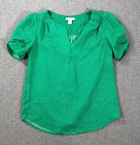 Carolina belle Green Polka Dot Short Sleeve Blouse Women's XS Pleated Split Neck