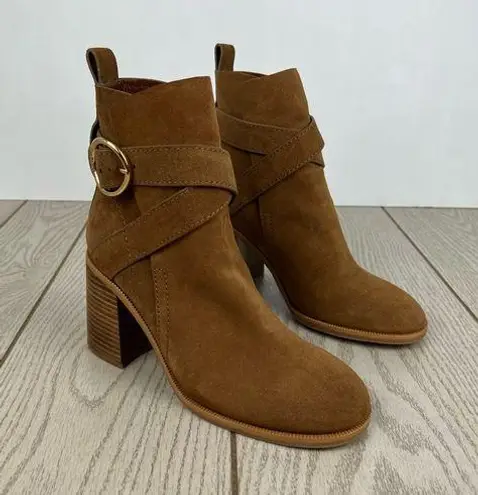See By Chloe See by Chloé Suede Buckle Ankle Booties 38 Tobacco (Tan) & Goldtone Metal $525