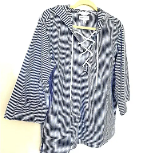Free Assembly Oversized Striped Lace Up Cotton Hooded Blouse Top Sz S Blue