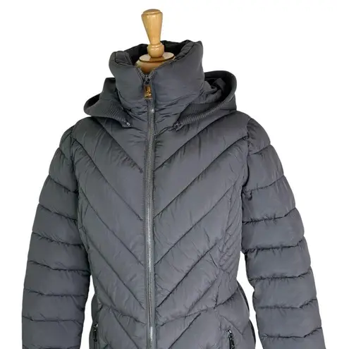 Bernardo Eco Plume Long Hooded Puffer Winter Coat Gray Size M NWT