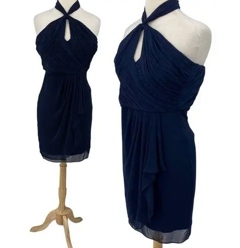Badgley Mischka Dress Pleated Y Neck Halter Drape Front Mini Navy Blue Womens 4