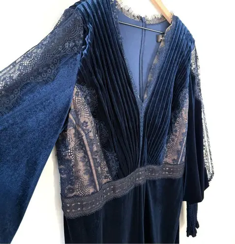 Tadashi Shoji NEW Lace Trim Long Sleeve Wide Leg Velvet Jumpsuit Navy Blue Sz 20