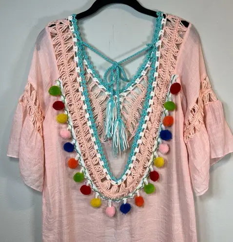 Missguided Pom Pom Crochet V-Neck Cover-Up Dress Swim Peach Open Tie Back Lightweight Large