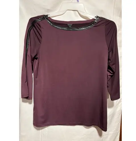Ann Taylor Maroon Black pLeather Trim 3/4 Sleeve Stretch Top Sz M Purple Size M