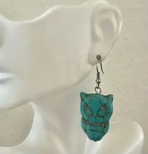 Turquoise Howlite Owl Dangle Earrings Blue