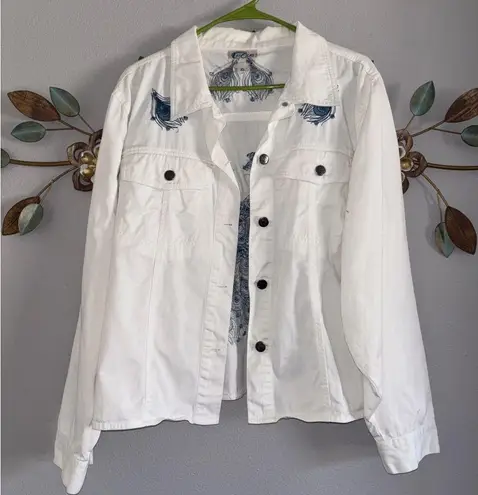 Las Olas Womens White Blue Peacock Embroidered Jacket Size XL
