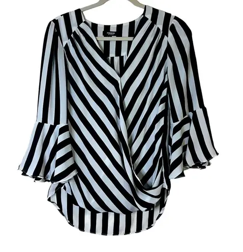 Premise  Studio Black White Striped Bell Sleeve Faux Wrap Blouse