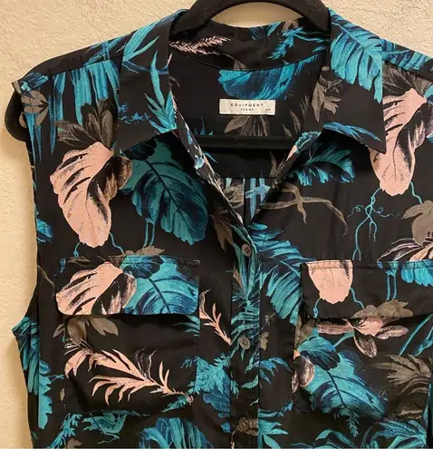 Equipment Tropical Leaf Collared Sleeveless Silk Knee Length Dress Size S