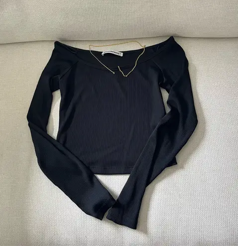 Alexander Wang Chain Embellished Off the Shoulder Black Long Sleeve Top