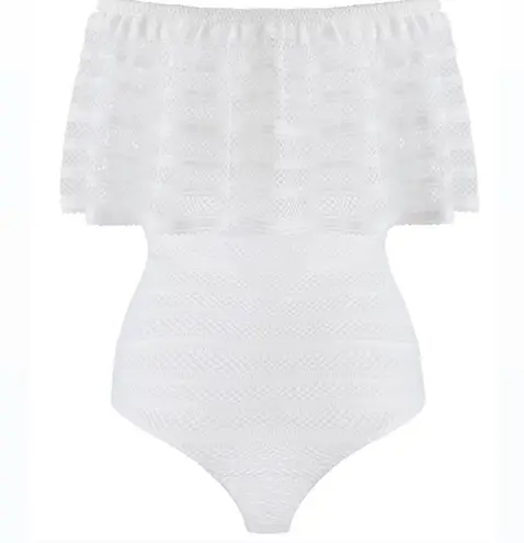 BCBGMAXAZRIA  Ruffled Striped-Lace Bodysuit Off-The Shoulders White Size S NEW