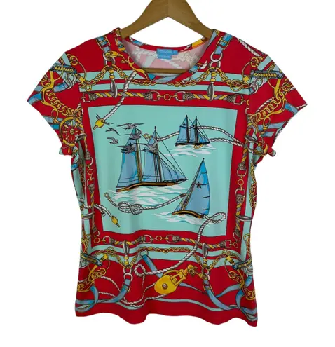 J. McLaughlin Nautical Sailboat Print Tee Medium Red Catalina Cloth Coastal Slim