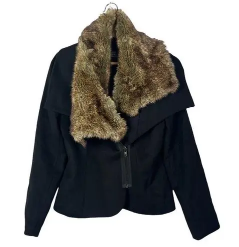 Boutique Tart Collections Black Wool Moto Zip Faux Fur Trim Coat M Size M