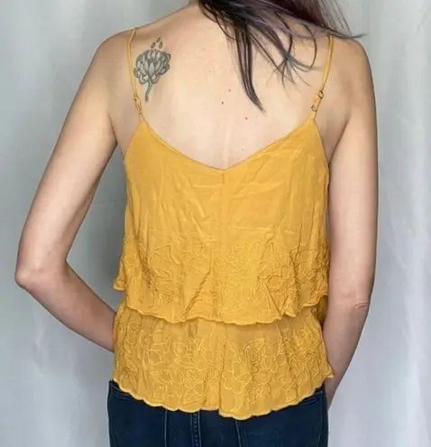 Abbeline Tiered Floral Embroidered Light Tank Top XS Extra Small Mustard Yellow