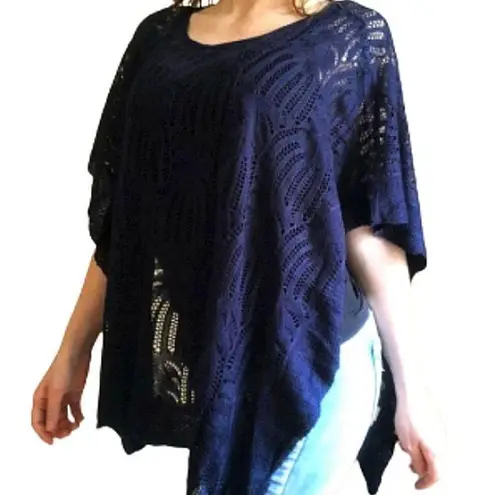 New York And Company  Poncho Top Navy Crochet Knit Lagenlook Boho Beach Cover Up