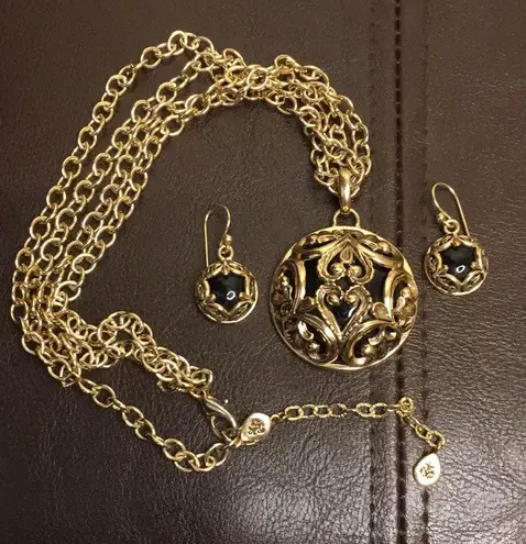 Onyx BARSE Bronze & Black Double Necklace Scroll Cage Pendant Earrings & Ring