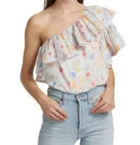 Something Navy Revolve  one shoulder top pastel ruffle floral print size medium