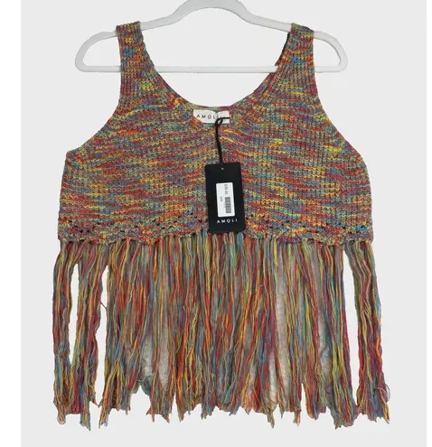 Amoli Fringe Knit Crop Top Womens Small Medium Multicolor Festival Boho Tank S/M