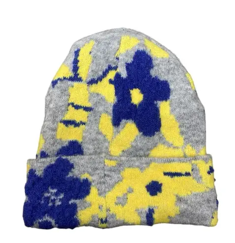 Anthropologie  Gray Multicolor Floral Knit Winter Bonnet Fuzzy Beanie Hat Cap OS