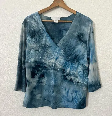 Dress Barn  Womens Y2K Fairycore V Cut 3/4 Sleeves Tie Dye Blouse Top Blue XL