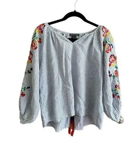 New Chelsea & Theodore Blue Chambray Stripe Embroidered White Top linen blend Wo Size M