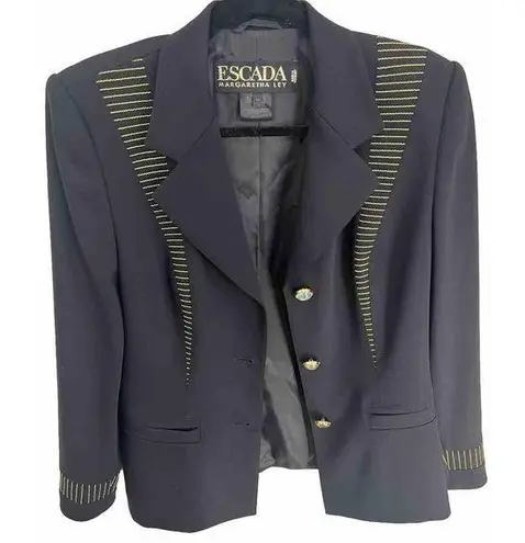 Escada Vintage Navy Blue Gold Stripe Embroidered Blazer Jacket Size 38 Medium