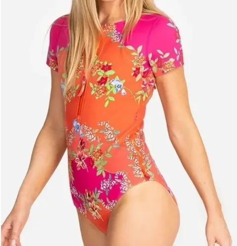 Johnny Was NWT Wave Surf One Piece Neoprene Orange Pink Floral Swim Suit $298