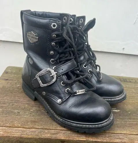 Harley Davidson  Black Moto Biker Lace Up Buckle Boots 81003 Size 6 1/2